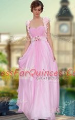 Shining Rose Pink Sleeveless Floor Length Belt and Hand Made Flower Zipper Homecoming Dress
