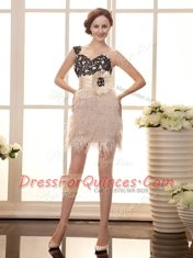 One Shoulder Peach Zipper Prom Party Dress Beading and Appliques Sleeveless Mini Length