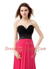 Pink And Black Lace Up Sweetheart Beading and Ruffles Dress for Prom Chiffon Sleeveless