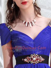 Knee Length Zipper Evening Dress Royal Blue for Prom and Party with Beading