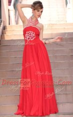 Luxury Coral Red Chiffon Side Zipper Halter Top Sleeveless Floor Length Prom Dress Embroidery