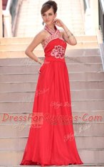 Luxury Coral Red Chiffon Side Zipper Halter Top Sleeveless Floor Length Prom Dress Embroidery