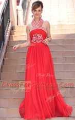 Luxury Coral Red Chiffon Side Zipper Halter Top Sleeveless Floor Length Prom Dress Embroidery