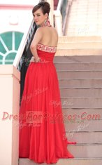 Luxury Coral Red Chiffon Side Zipper Halter Top Sleeveless Floor Length Prom Dress Embroidery