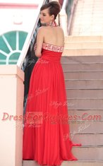 Luxury Coral Red Chiffon Side Zipper Halter Top Sleeveless Floor Length Prom Dress Embroidery