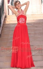 Luxury Coral Red Chiffon Side Zipper Halter Top Sleeveless Floor Length Prom Dress Embroidery