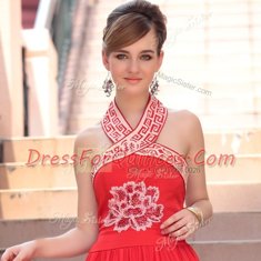 Luxury Coral Red Chiffon Side Zipper Halter Top Sleeveless Floor Length Prom Dress Embroidery