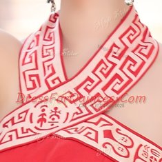 Luxury Coral Red Chiffon Side Zipper Halter Top Sleeveless Floor Length Prom Dress Embroidery