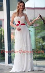 Top Selling White A-line Belt Prom Party Dress Side Zipper Satin Sleeveless Floor Length