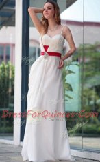 Top Selling White A-line Belt Prom Party Dress Side Zipper Satin Sleeveless Floor Length