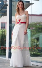 Top Selling White A-line Belt Prom Party Dress Side Zipper Satin Sleeveless Floor Length