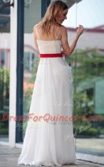 Top Selling White A-line Belt Prom Party Dress Side Zipper Satin Sleeveless Floor Length