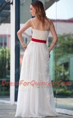 Top Selling White A-line Belt Prom Party Dress Side Zipper Satin Sleeveless Floor Length