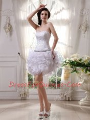 White Organza Zipper Strapless Sleeveless Knee Length Prom Party Dress Beading and Ruffles