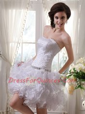 White Organza Zipper Strapless Sleeveless Knee Length Prom Party Dress Beading and Ruffles