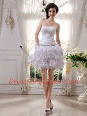 White Organza Zipper Strapless Sleeveless Knee Length Prom Party Dress Beading and Ruffles