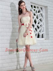 Lace White Sleeveless Floor Length Belt and Hand Made Flower Backless Prom Dresses