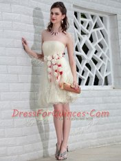 Lace White Sleeveless Floor Length Belt and Hand Made Flower Backless Prom Dresses