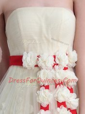 Lace White Sleeveless Floor Length Belt and Hand Made Flower Backless Prom Dresses