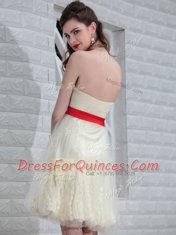 Lace White Sleeveless Floor Length Belt and Hand Made Flower Backless Prom Dresses