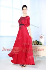 Red Sleeveless Floor Length Beading Zipper