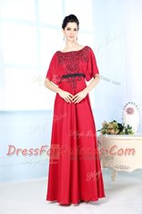 Red Sleeveless Floor Length Beading Zipper