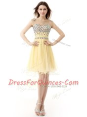 Graceful Light Yellow Zipper Bateau Beading Prom Gown Organza Sleeveless