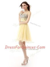 Graceful Light Yellow Zipper Bateau Beading Prom Gown Organza Sleeveless