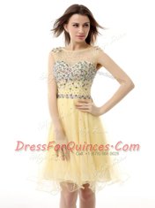 Graceful Light Yellow Zipper Bateau Beading Prom Gown Organza Sleeveless