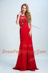 Mermaid Chiffon Scoop Sleeveless Brush Train Side Zipper Beading Prom Evening Gown in Red