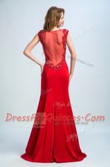 Mermaid Chiffon Scoop Sleeveless Brush Train Side Zipper Beading Prom Evening Gown in Red
