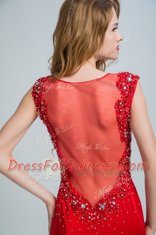 Mermaid Chiffon Scoop Sleeveless Brush Train Side Zipper Beading Prom Evening Gown in Red