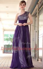 One Shoulder Sleeveless Side Zipper Floor Length Beading and Appliques Evening Dress