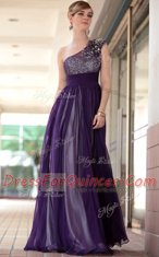 One Shoulder Sleeveless Side Zipper Floor Length Beading and Appliques Evening Dress