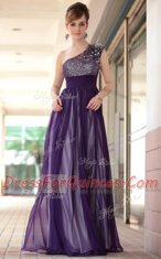One Shoulder Sleeveless Side Zipper Floor Length Beading and Appliques Evening Dress