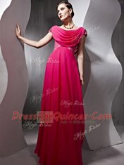 Fabulous Scoop Cap Sleeves Chiffon Floor Length Side Zipper Prom Party Dress in Hot Pink with Beading and Ruching