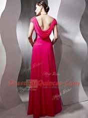 Fabulous Scoop Cap Sleeves Chiffon Floor Length Side Zipper Prom Party Dress in Hot Pink with Beading and Ruching
