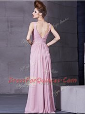Fabulous Scoop Cap Sleeves Chiffon Floor Length Side Zipper Prom Party Dress in Hot Pink with Beading and Ruching