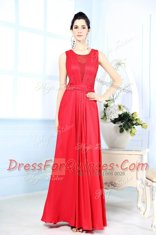 Affordable Red Column/Sheath Chiffon Scoop Sleeveless Ruching Floor Length Zipper Evening Dress