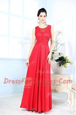 Affordable Red Column/Sheath Chiffon Scoop Sleeveless Ruching Floor Length Zipper Evening Dress
