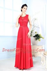 Affordable Red Column/Sheath Chiffon Scoop Sleeveless Ruching Floor Length Zipper Evening Dress