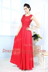 Affordable Red Column/Sheath Chiffon Scoop Sleeveless Ruching Floor Length Zipper Evening Dress