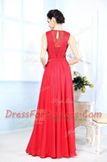 Affordable Red Column/Sheath Chiffon Scoop Sleeveless Ruching Floor Length Zipper Evening Dress