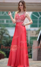 Stylish Sleeveless Floor Length Appliques Side Zipper Evening Dress with Red