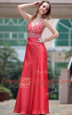 Stylish Sleeveless Floor Length Appliques Side Zipper Evening Dress with Red