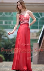 Stylish Sleeveless Floor Length Appliques Side Zipper Evening Dress with Red