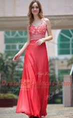 Stylish Sleeveless Floor Length Appliques Side Zipper Evening Dress with Red