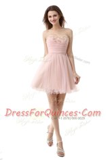 Pink Sleeveless Mini Length Beading and Ruching Zipper Dress for Prom