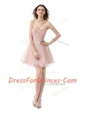Pink Sleeveless Mini Length Beading and Ruching Zipper Dress for Prom