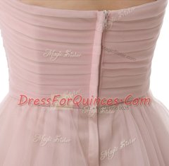 Pink Sleeveless Mini Length Beading and Ruching Zipper Dress for Prom